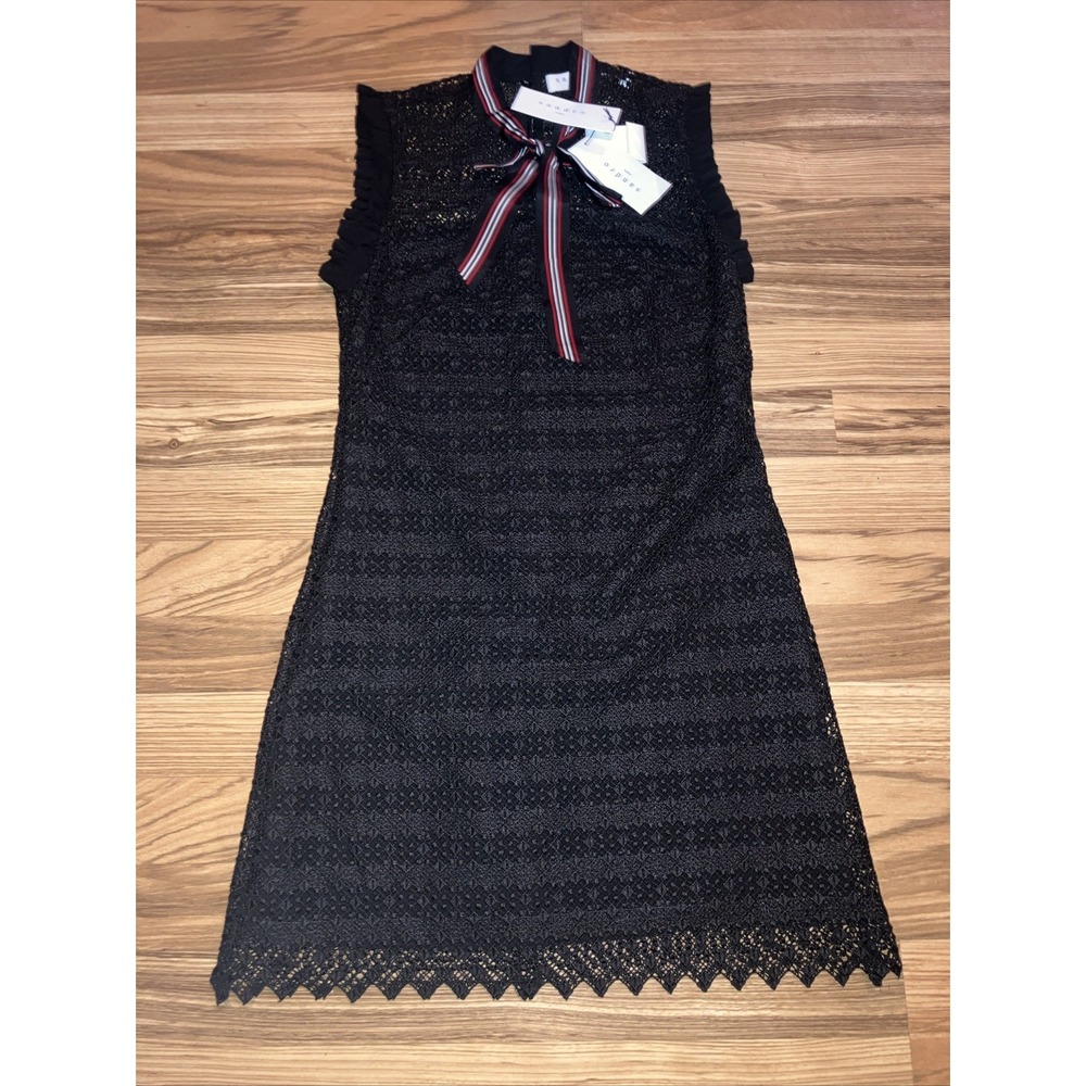 Sandro Black Lace Mini Dress with Striped Neck Tie